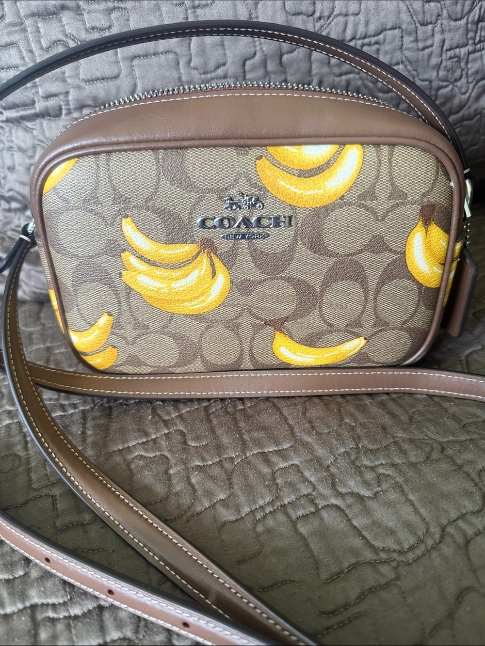 Coach Brown Signature Canvas Crossbody with Yellow Banana Print